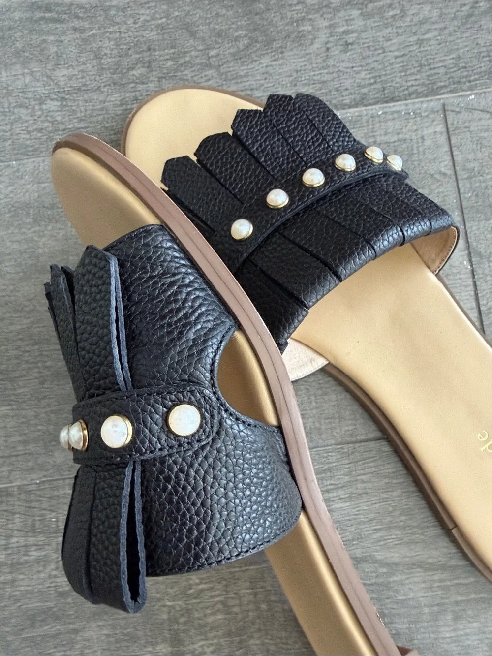 kate spade Black Pearl-Trim Fringe Slide Mules